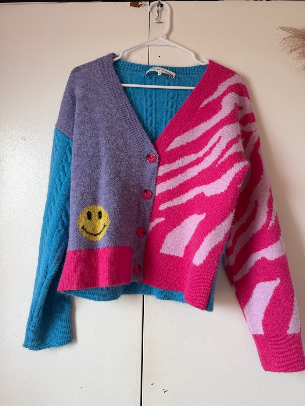 English Factory Bright Pink Lavender Teal Smiley Zebra Cardigan
